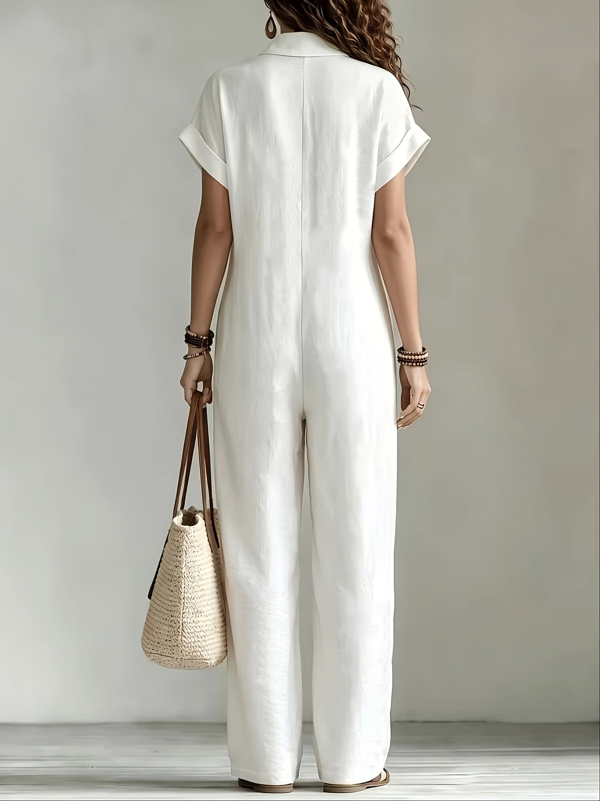 French Vacation Style Jumpsuit, Lapel Half-Open Plaid Cuffed Sleeve with Multi-Button Side-Pocket Loose Straight Wide-Leg Overalls - White