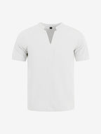 Men's Casual V-Neck Linen Short-Sleeve Shirt, Lightweight and Breathable with a Short-sleeve Design, Suitable for Summer Wear. Features a Loose Fit and Solid Color for Comfort, Ideal for Beach Vacations, Resort Hotel Trips, and Daily Wear - White