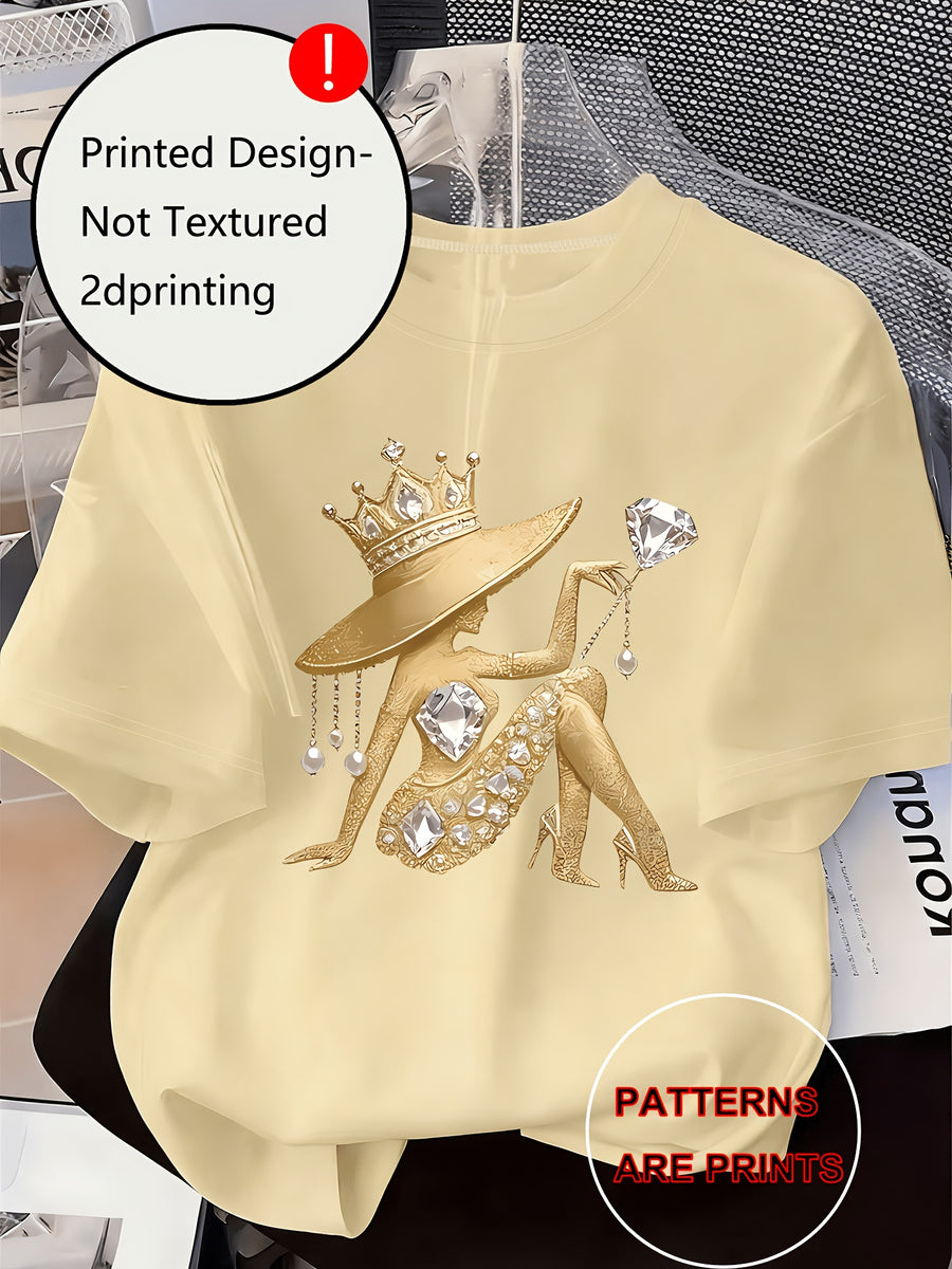 Printed Design Casual Crew Neck T-Shirt, Spring/Summer Fashion Women's T-Shirt [Printed Design – Not Textured] - Apricot 1
