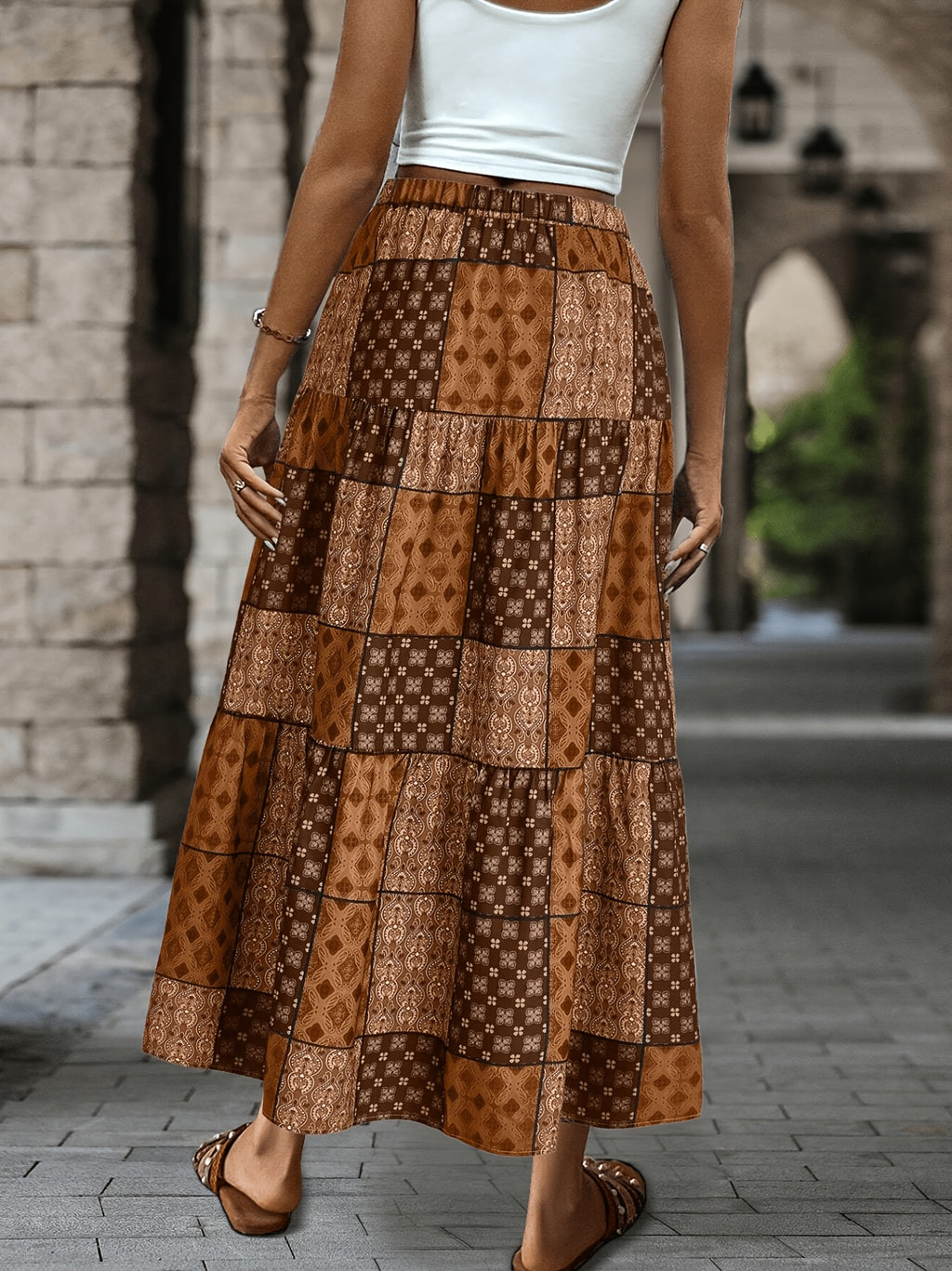 Women's Vintage Style Printed Drawstring Waist Ruffle Simple Everyday A-Line Skirt, Suitable for All Seasons: Spring, Summer, Autumn, Winter - Coffee Color