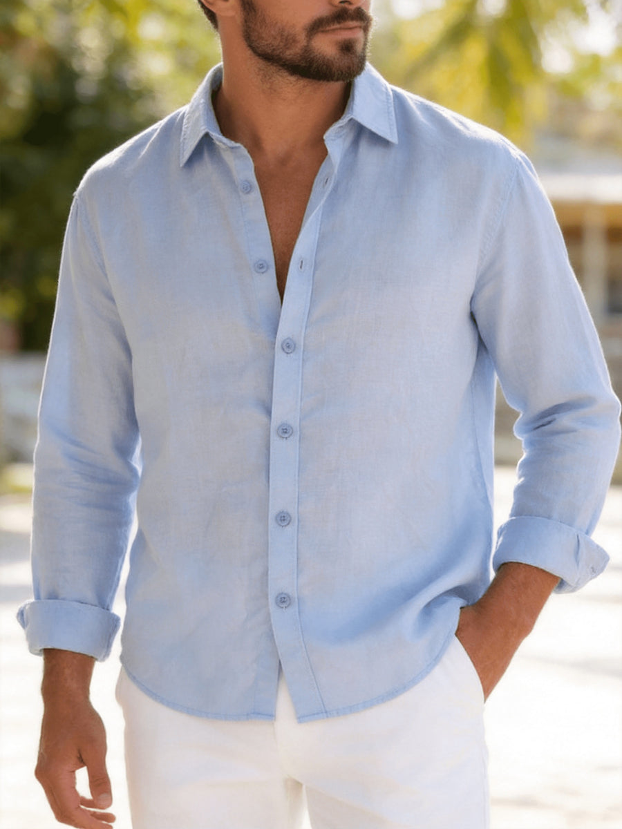 Single Piece Loose and Comfortable Men's Long Sleeved Shirt, with a Simple and Versatile Solid Color Style, Button Opening and Closing Design, Suitable for Casual Daily Wear. - Sky Blue