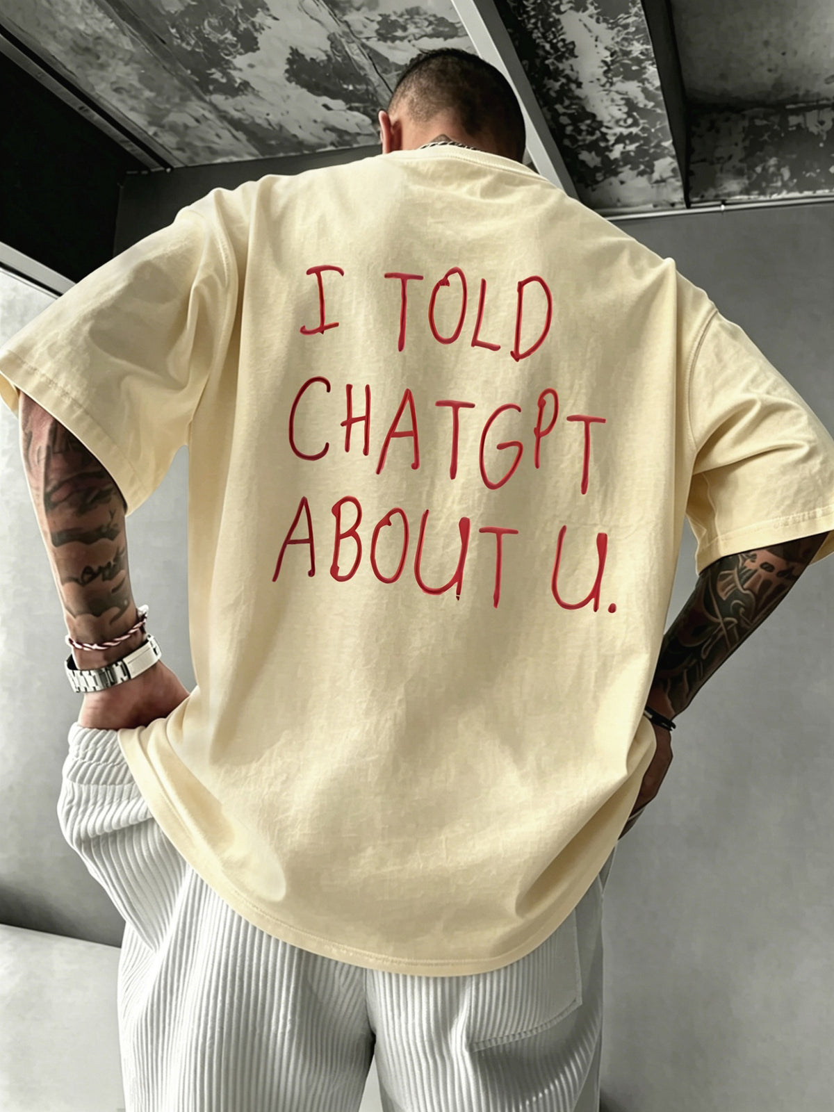 New Men'S 100% T-Shirt with I, TOLD, CHATGPT, ABOUT Print, Spring/Autumn Casual Comfortable Breathable Daily Streetwear - Apricot