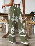 Floral Waist-Tie Fashion Casual Printed Pants, Women's Long Wide-Leg Trousers - Olive