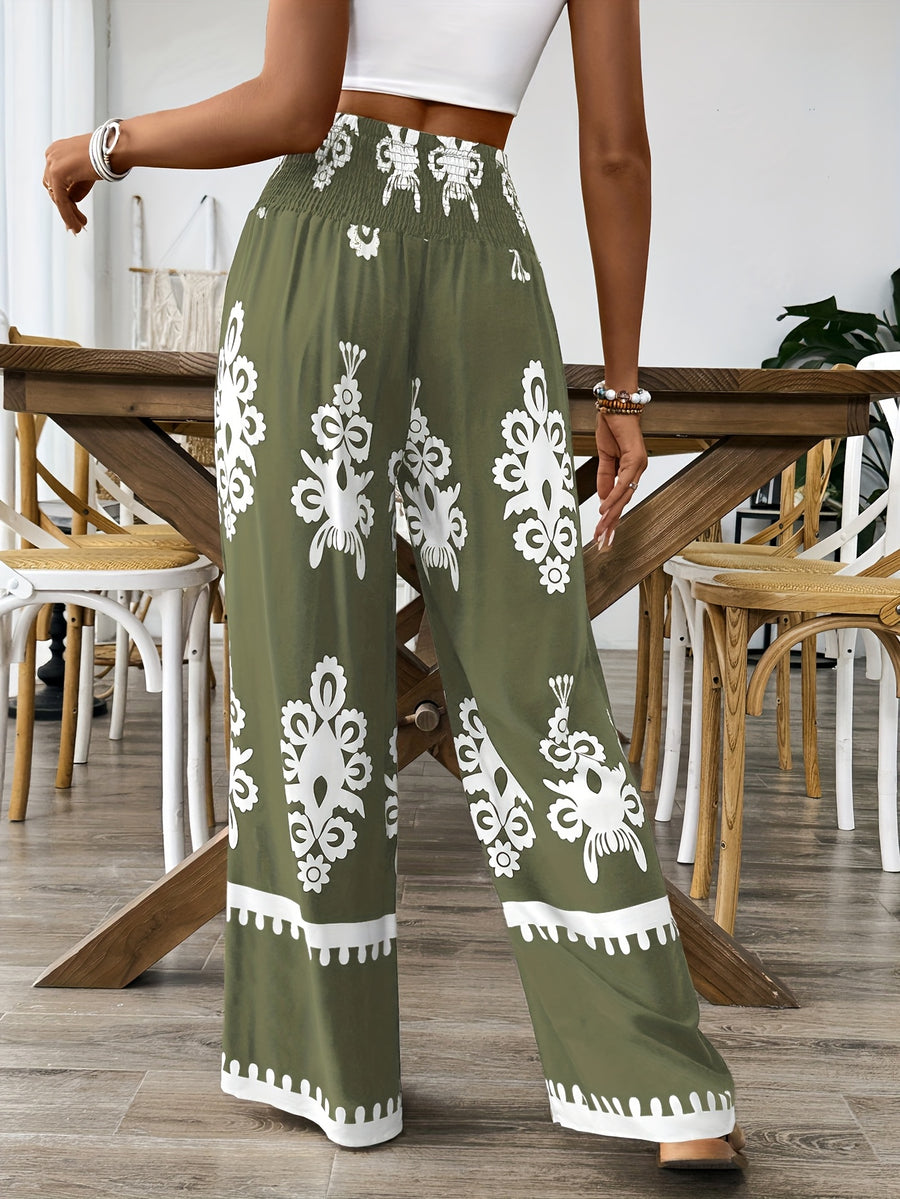 Floral Waist-Tie Fashion Casual Printed Pants, Women's Long Wide-Leg Trousers - Olive