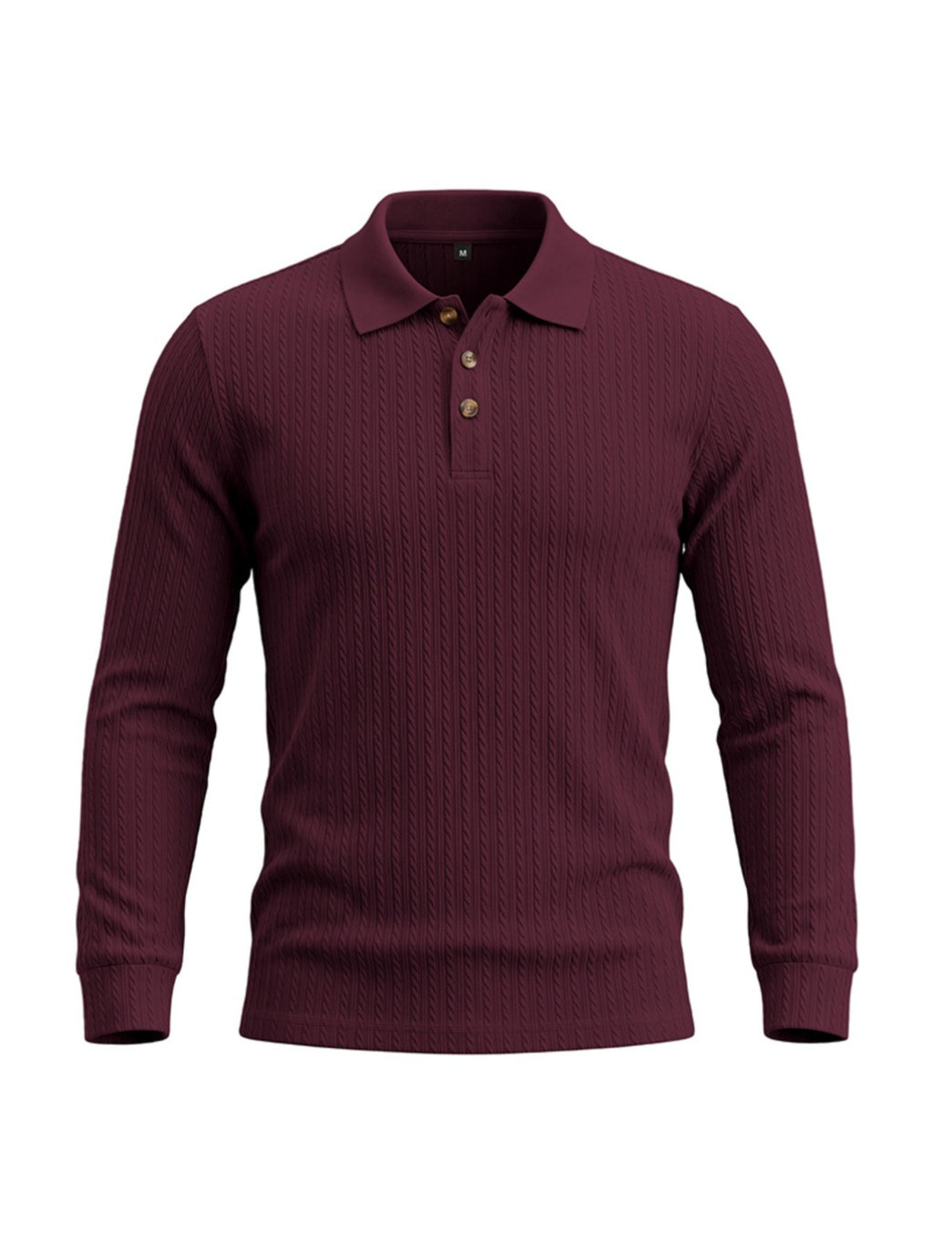 Men's Cable Twist Knit Long Sleeve Polo Shirt, Classic Collar 3 Buttons Solid Pullover, Casual Business Slim Fit Textured Top for Autumn Winter - Burgundy