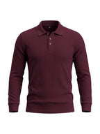Men's Cable Twist Knit Long Sleeve Polo Shirt, Classic Collar 3 Buttons Solid Pullover, Casual Business Slim Fit Textured Top for Autumn Winter - Burgundy