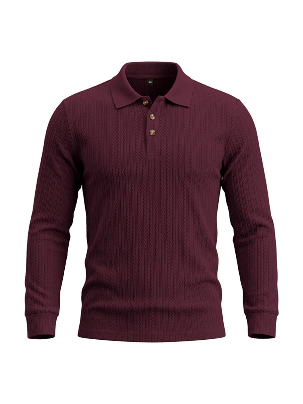 Men's Cable Twist Knit Long Sleeve Polo Shirt, Classic Collar 3 Buttons Solid Pullover, Casual Business Slim Fit Textured Top for Autumn Winter - Burgundy