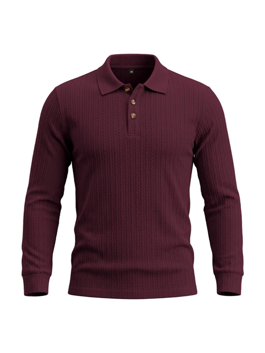Men's Cable Twist Knit Long Sleeve Polo Shirt, Classic Collar 3 Buttons Solid Pullover, Casual Business Slim Fit Textured Top for Autumn Winter - Burgundy
