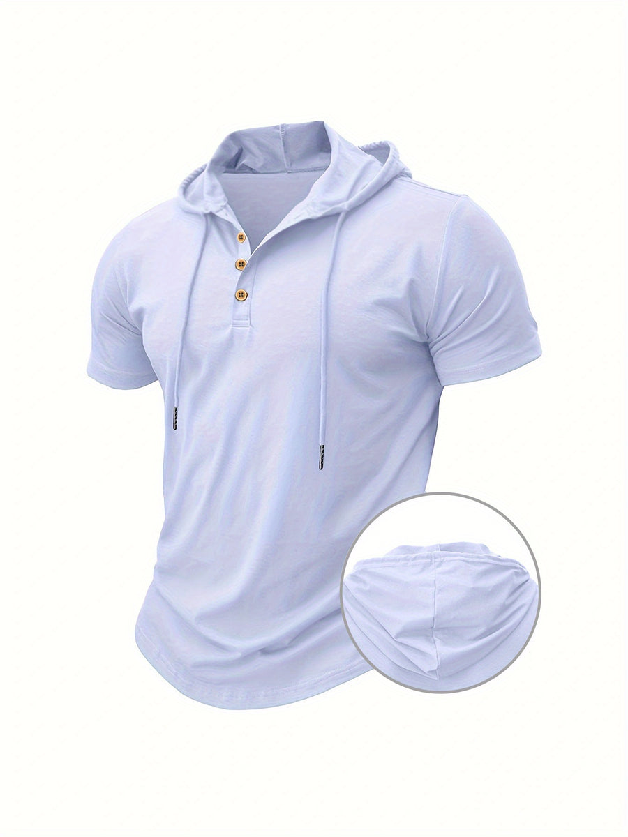 A Single Piece Men'S Casual Hooded Henley Shirt, Lightweight Sports T-Shirt for Summer That Wicks Moisture And Is Breathable, Featuring a Solid Color, Short Sleeves, Button Details at The Neckline, Adjustable Drawstrings for The Hood, Regular Fit - White