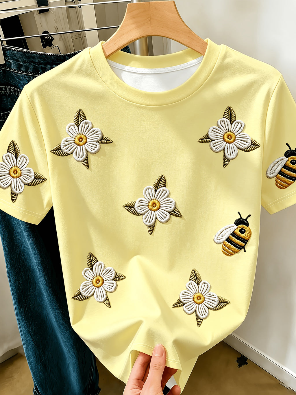 (Simulated ) Western Plus Size Women'S Light Yellow Bee Daisy Imitation Print Short Sleeve, Pastoral Style Casual Comfortable Full Print T-Shirt, And Covering Loose Top, Daily Versatile, Women'S Summer Clothing, Women'S Clothing - Mixed colors