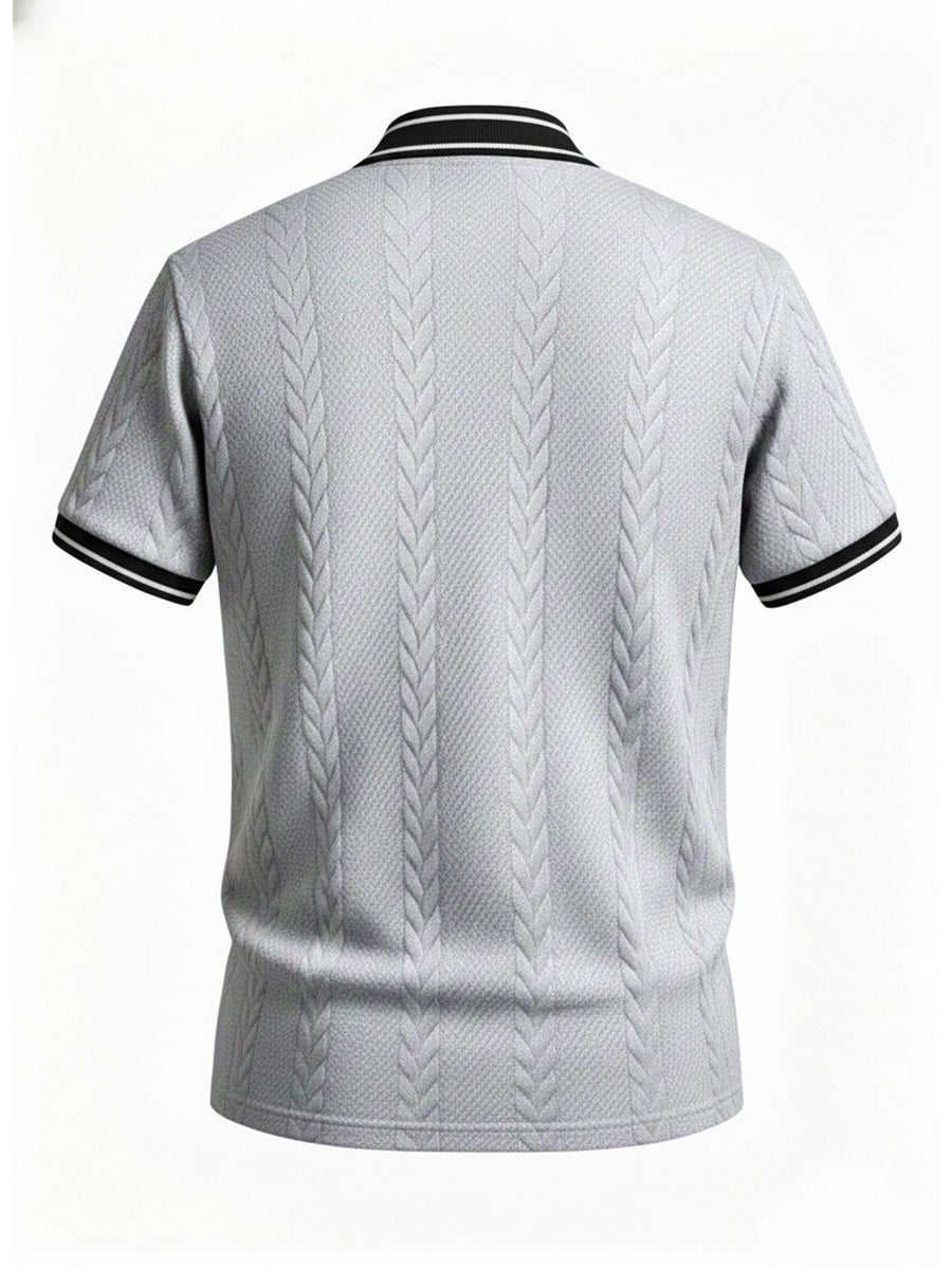 Men's Color-Block Baseball Collar Half-Zip Short-Sleeve T-Shirt, Three-Dimensional Cable Knit Texture Short Sleeve, New Summer Trendy Casual Half-Sleeve Jacquard Polo Shirt, Versatile Men's Top, Baseball Collar + Contrast Ribbed Cuffs for a Simple - Light Grey