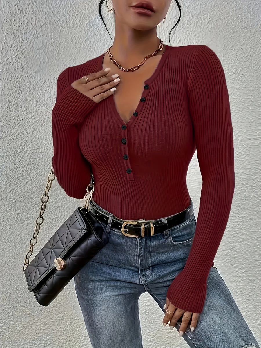 Front button solid ribbed sweater, elegant long-sleeve fitted cardigan, suitable for autumn and winter season, Women's clothing - Burgundy