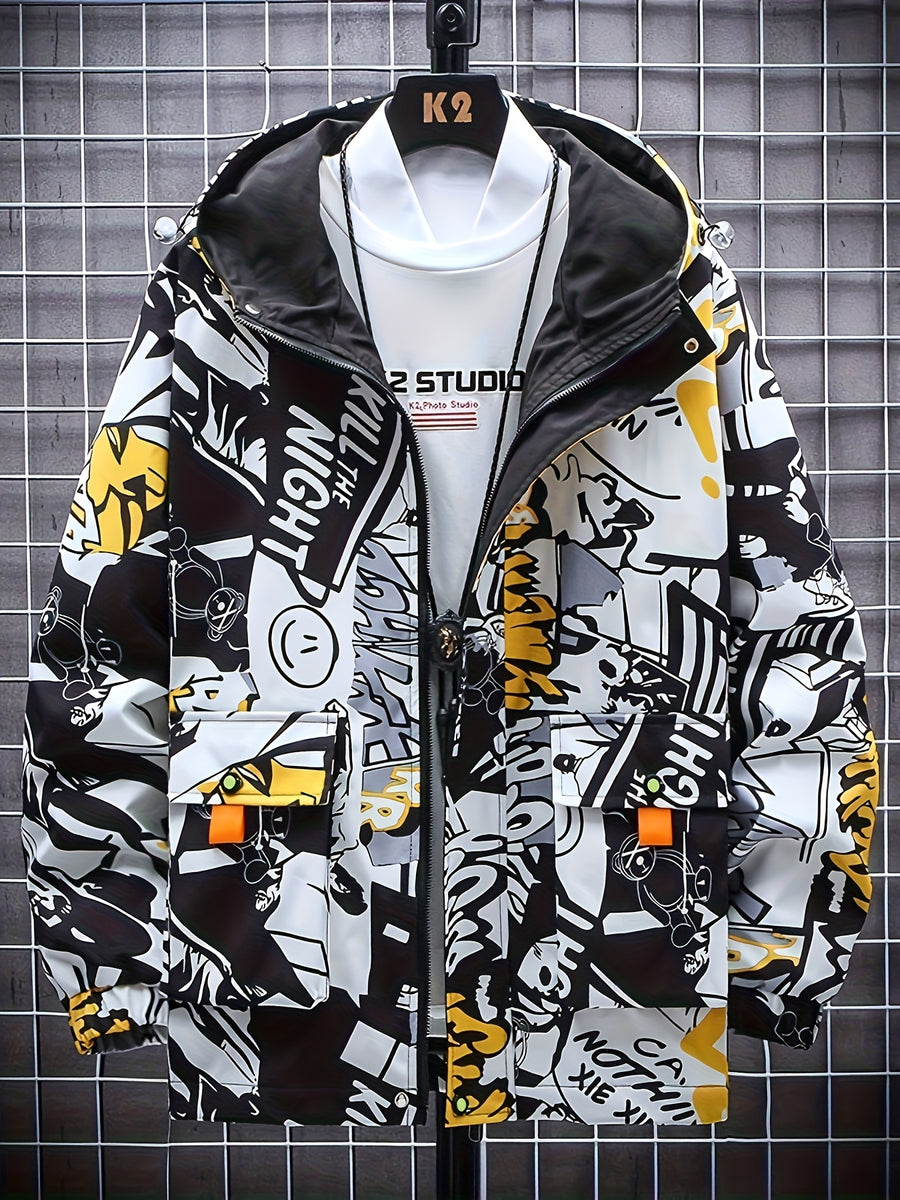 Spring And Autumn Men's Fashion Graffiti Mid Length Windbreaker Popular Hooded And Handsome Men's Jacket Popular Versatile Men's And Women's Same Windbreaker Jacket - Black