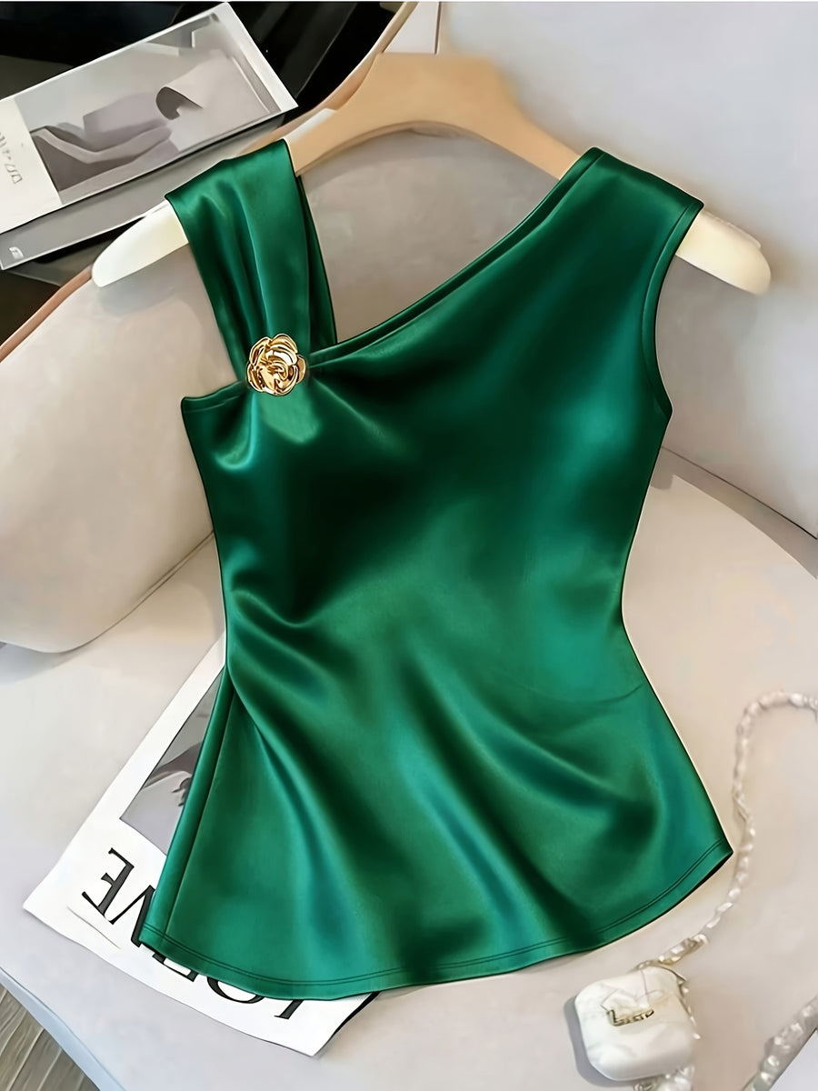 Women'S Elegant Asymmetrical Shoulder Textured Fabric Rose Floral Decoration Button Niche Design Vest Top - Green