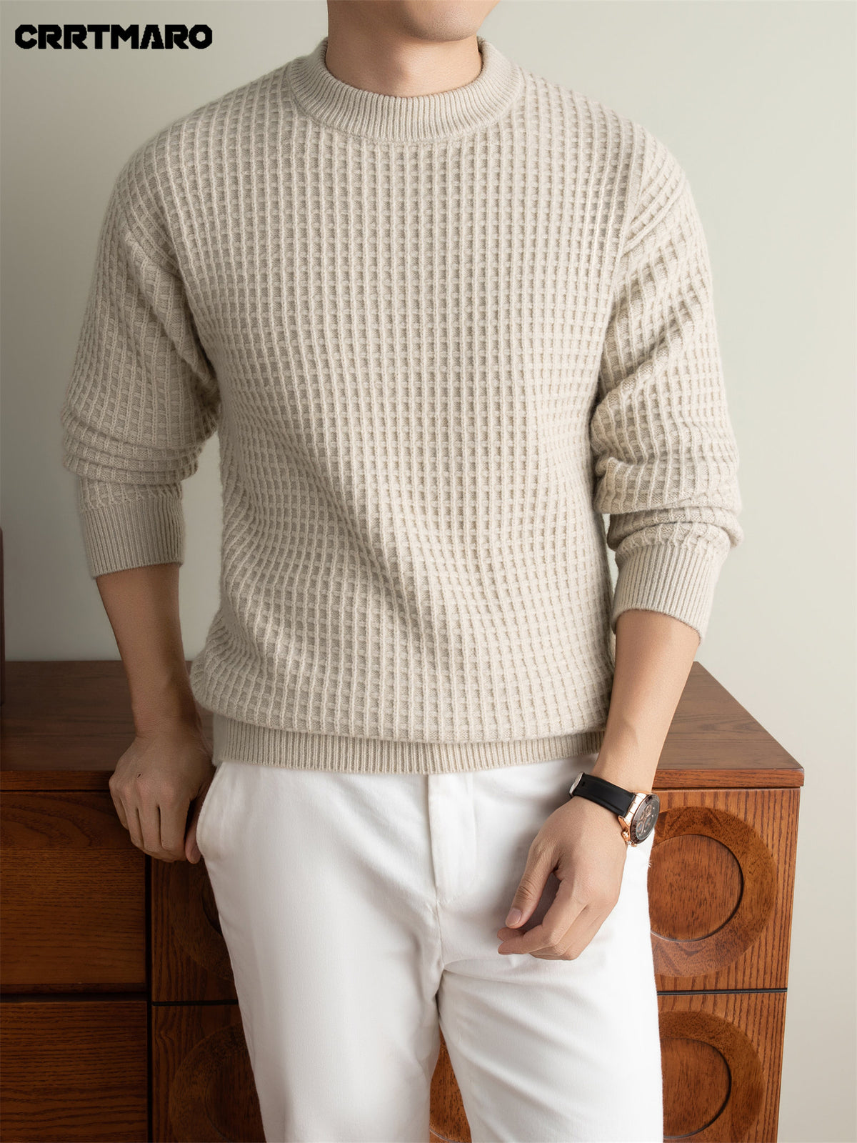 Men'S Heavyweight Thick Crew Neck Pullover Sweater, Warm Casual Layering Top for Fall And Winter - Beige Apricot