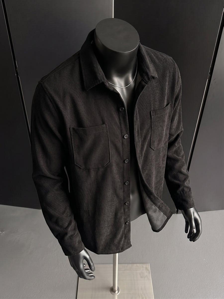 Autumn Winter Men'S Button-Front Double Pocket Retro Shirt Jacket - Black