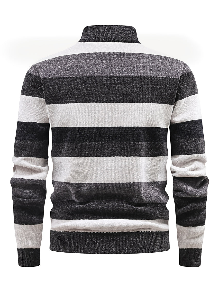 Men'S Autumn Winter Casual Versatile Pullover Sweater Contrast Fashion Fleece-Lined Top Quarter Zip Stand Collar Knit Sweater New Warm Commute Sweater Old Money Vacation Style Men'S Gift - Grey