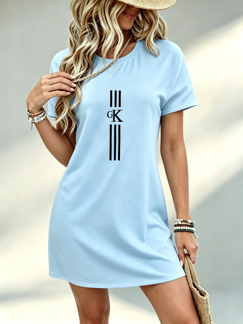 Printed Design - Not Textured, Casual, Women'S Dress, GK Letter Graphic Print, Daily Wear, Gift for Her - Sky Blue