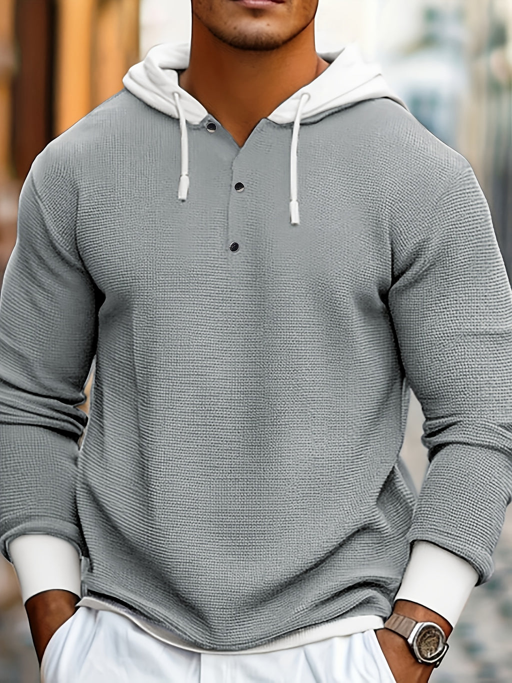 Men's Fall Winter Henley Shirt - Button-Front Placket Long Sleeve Sweater, Machine Washable Casual Button-Up Top for Everyday & Formal Outfits - Elegant Office Party Shirt, Textured Waffle Fabric - Light Grey