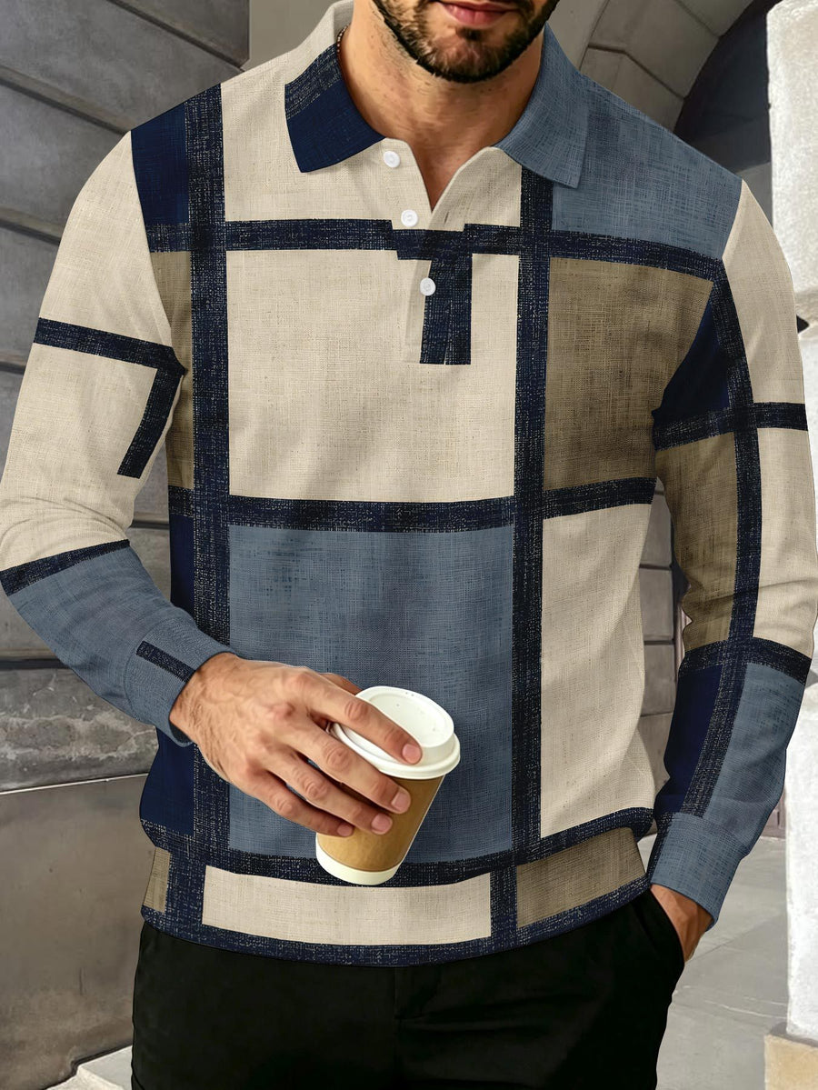 Color-Block Men'S Long Sleeve Polo Shirt, Lapel 3-Button Casual Top, Oil Painting Block Plaid Contrast Print, Spring Autumn Business Commute Golf Versatile Men'S Wear, Teenager Men'S Birthday Holiday Surprise Gift - Mixed Color D