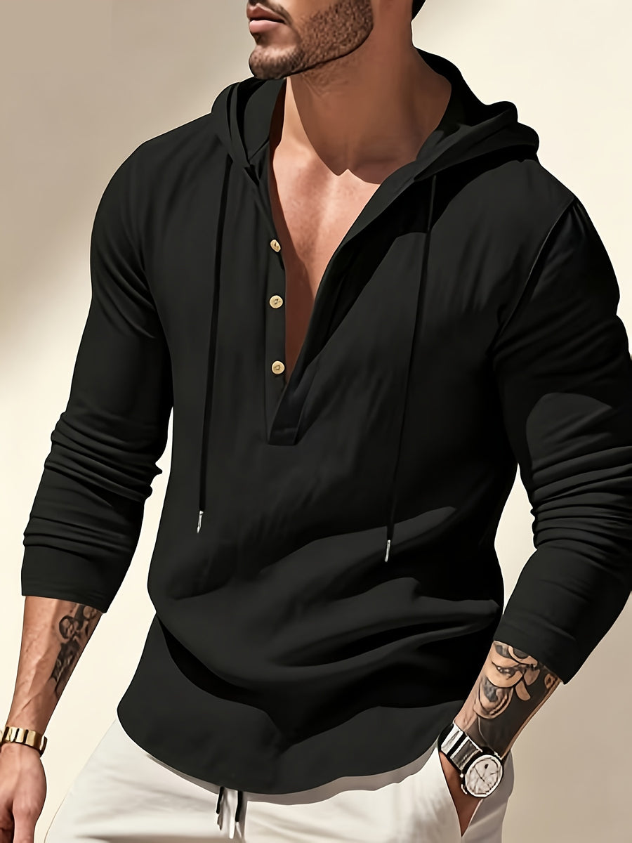 Men'S Linen Hooded Drawstring Henley Shirt Breathable Skin-Friendly Anti-Wrinkle Drape Daily Commute/Outdoor Leisure/Light Exercise Drawstring Hood And Button-Up Placket Loose All-Match Multi-Color Optional - Black