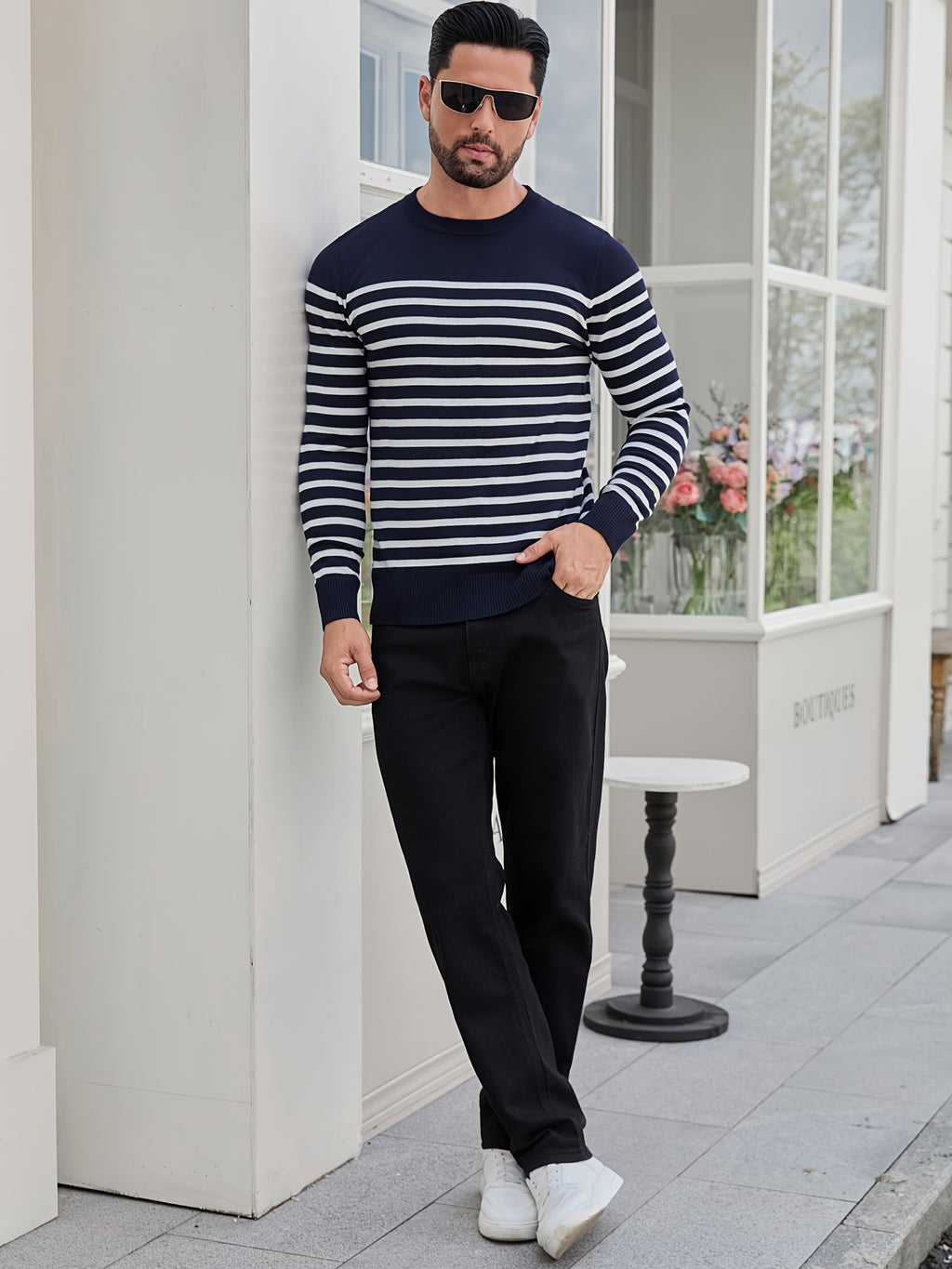 Men's Spring, Autumn, Winter Round Neck Long Sleeve Casual 2pcs Set Base Layer Shirt, Two-Tone Striped Sweater, Basic Pullover, Color-Block Knit Top - Navy Color
