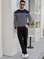 Men's Spring, Autumn, Winter Round Neck Long Sleeve Casual 2pcs Set Base Layer Shirt, Two-Tone Striped Sweater, Basic Pullover, Color-Block Knit Top - Navy Color