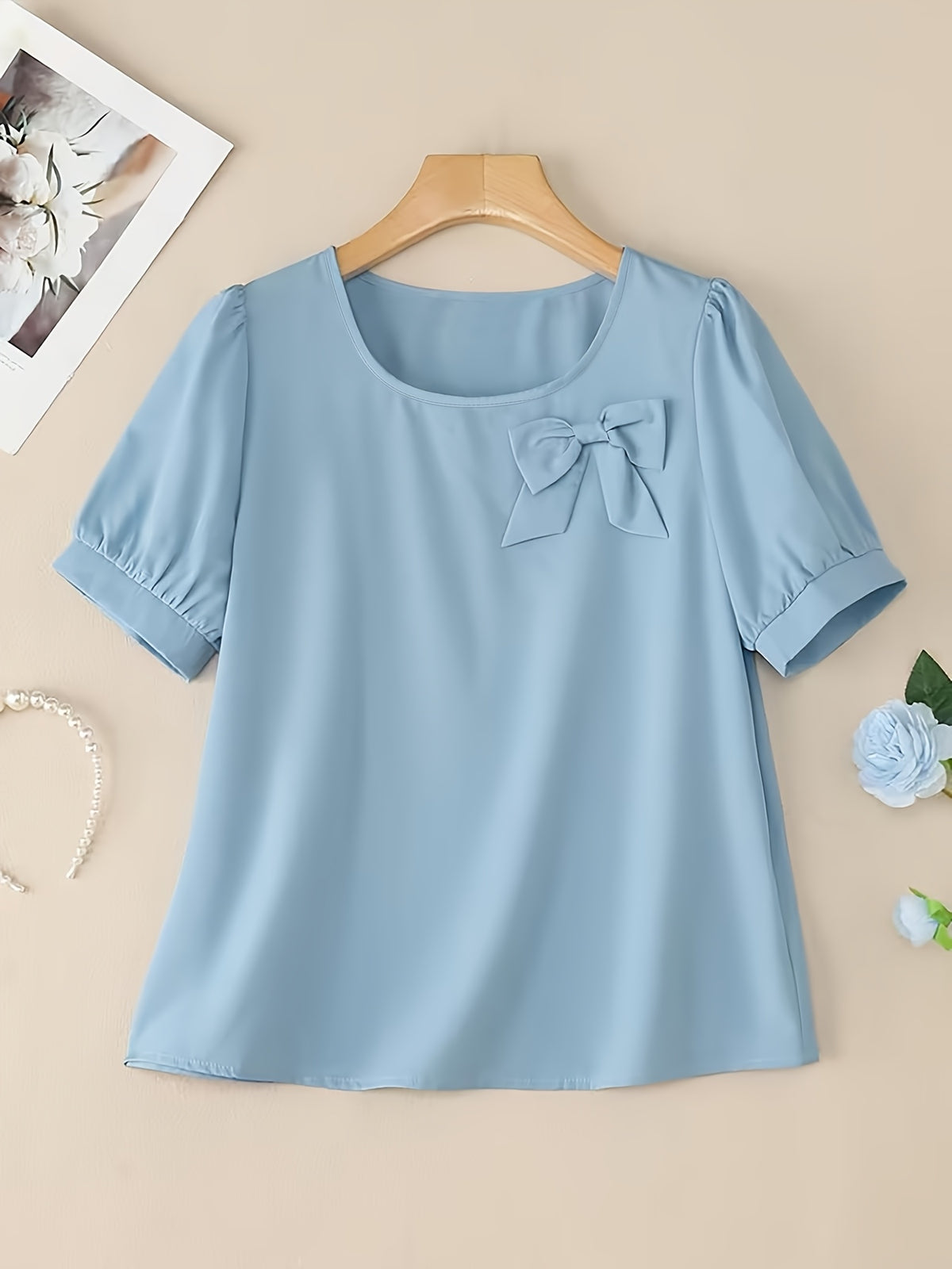 Elegant Casual Square Neck Short Sleeve Shirt with Bow and Puff Sleeves, Solid Color Top - Sky Blue