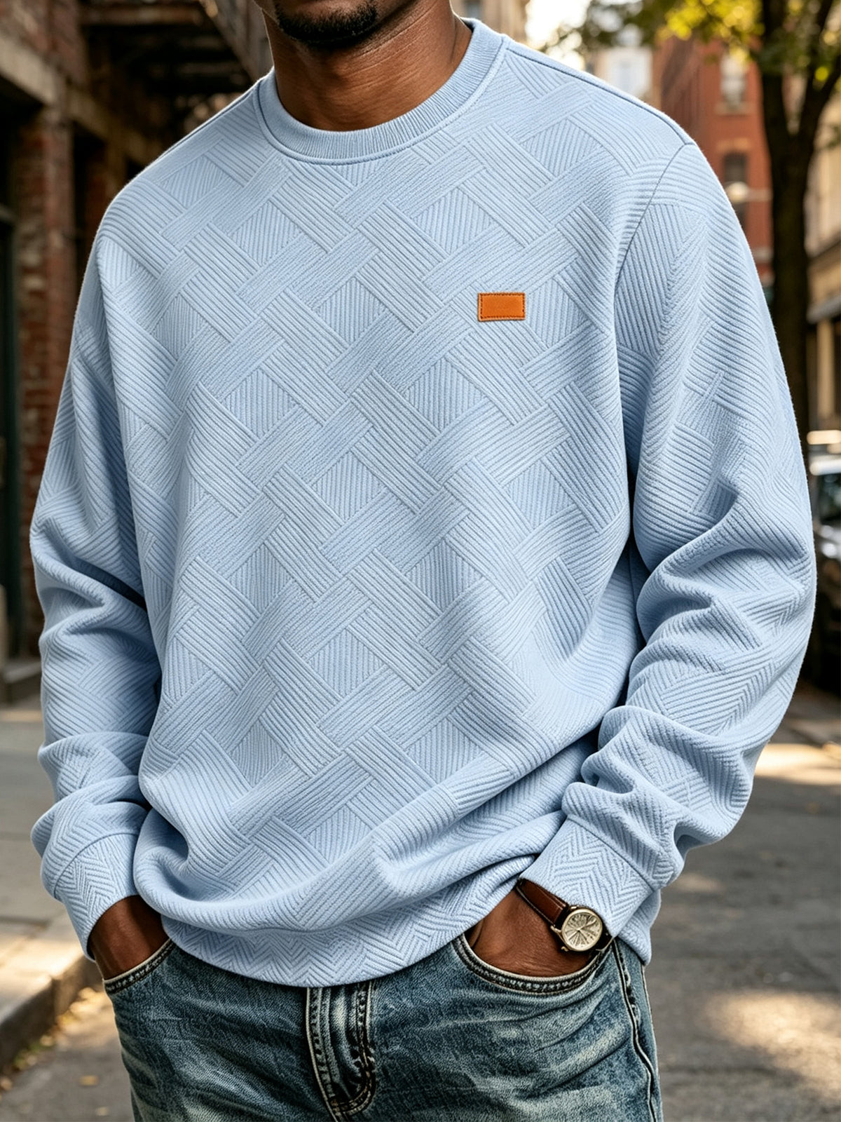 Men'S Fall Winter Crew Neck Sweatshirt 3D Textured Long Sleeve Pullover Loose Fit Casual Sports Commute Daily Home Outer Top Plus Size - Light Blue