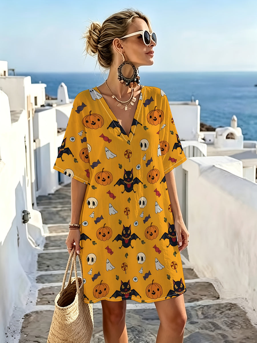 Warm Yellow Halloween Cartoon-themed V-neck Casual Dress, Featuring a Playful and Whimsical Print Combining Pumpkins, Candies, Bats, and Ghosts. The Loose-fit Design with Dropped Shoulders and Short Sleeves Offers Great Figure-flattering Versatility. - Mixed colors