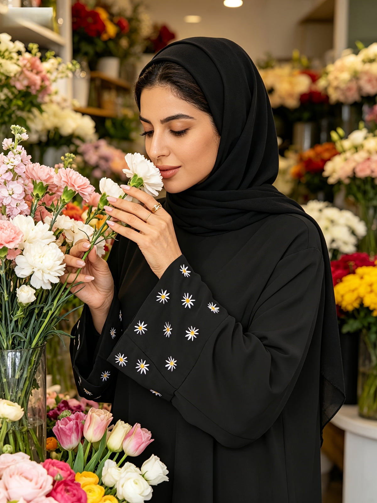 1pc (Scarf Not Included) This Fashionable, Elegant And Casual Abaya Dress with Embroidered Small Chrysanthemums at The Cuffs, No Scarf, Solid Color, Suitable for Daily Wear, Loose And Comfortable for Women. Islamic Clothing for Women Kleider Damen - Black