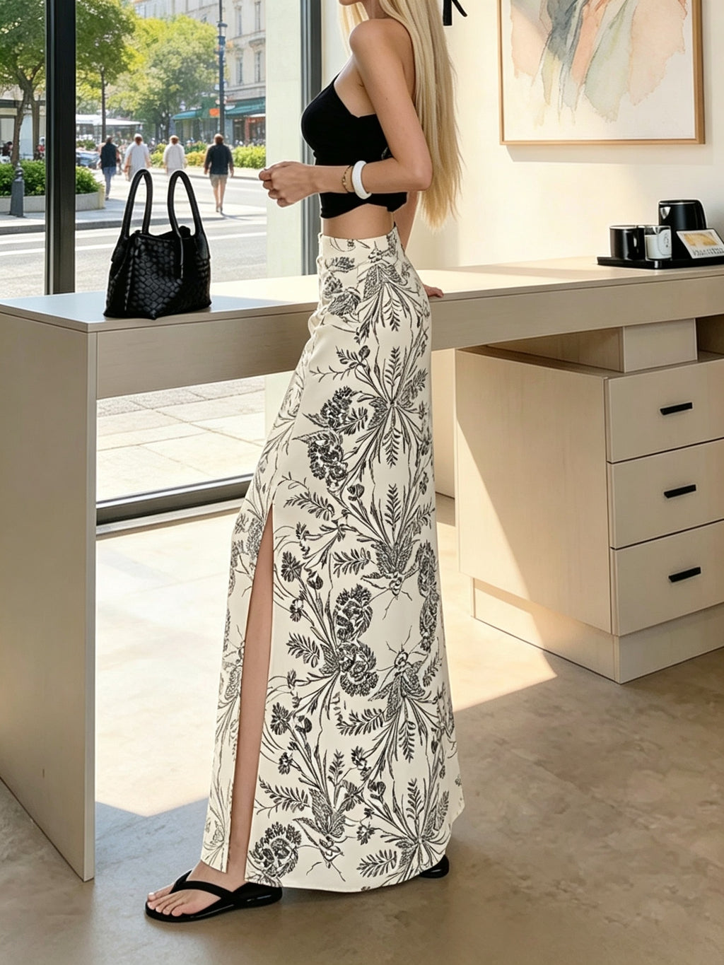 Retro Print Midi Skirt Women'S Summer Thin High Waist A-Line Skirt And Shaping Draping Slit Hip Wrap Long Skirt - Apricot