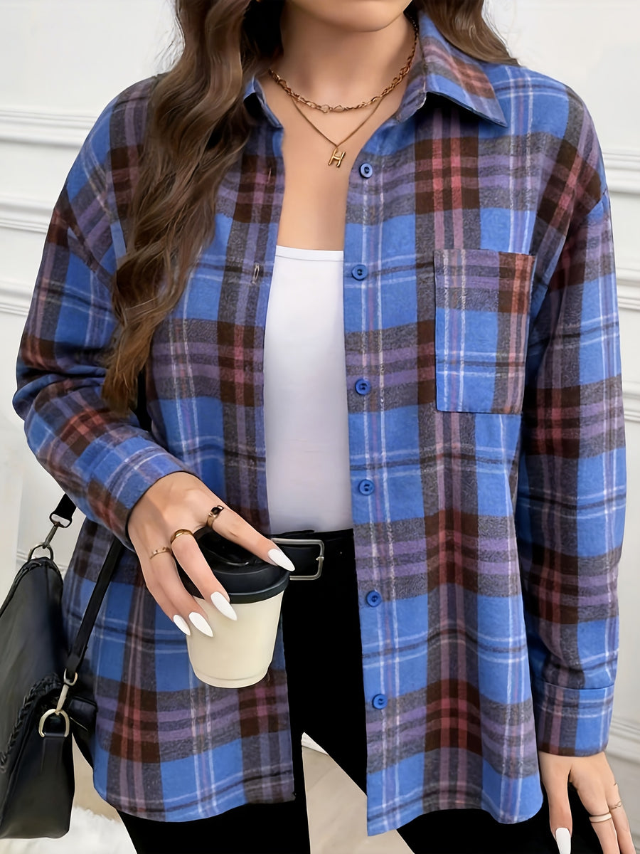 New Women'S Plaid Pattern Button-Pocket Casual Long Sleeve Shirt - Classic Versatile Casual Comfortable All-Season Elegant Shirt - Vibrant Blue