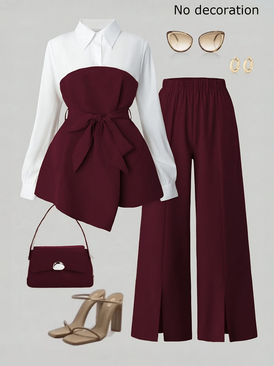 Women's Elegant 2pcs Office Set, Lapel Long-Sleeve Top with Slit Wide-Leg Pants, Business Commuter Style Outfit - Burgundy