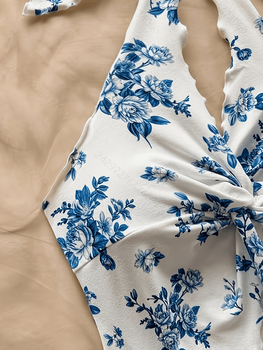 Women's New Chinese-Style Blue and White Porcelain Print Halter Neck Camisole Top, Vintage Print Twist Knot Backless Hot Crop Top. Women's Backless Camisole Crop Top, Slim Fit Figure-Flattering Crop Top, Suitable for Summer, Spring Break, St. - Sky Blue