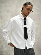 Men's White Long-sleeve Shirt with an Academic-style Design, Featuring a Detachable Tie. This Loose-fit, Dropped-shoulder Uniform Shirt Is a Minimalist Casual Shirt in a Niche Style, Suitable for Daily Outings, Outdoor Commuting, Back-to-school - White