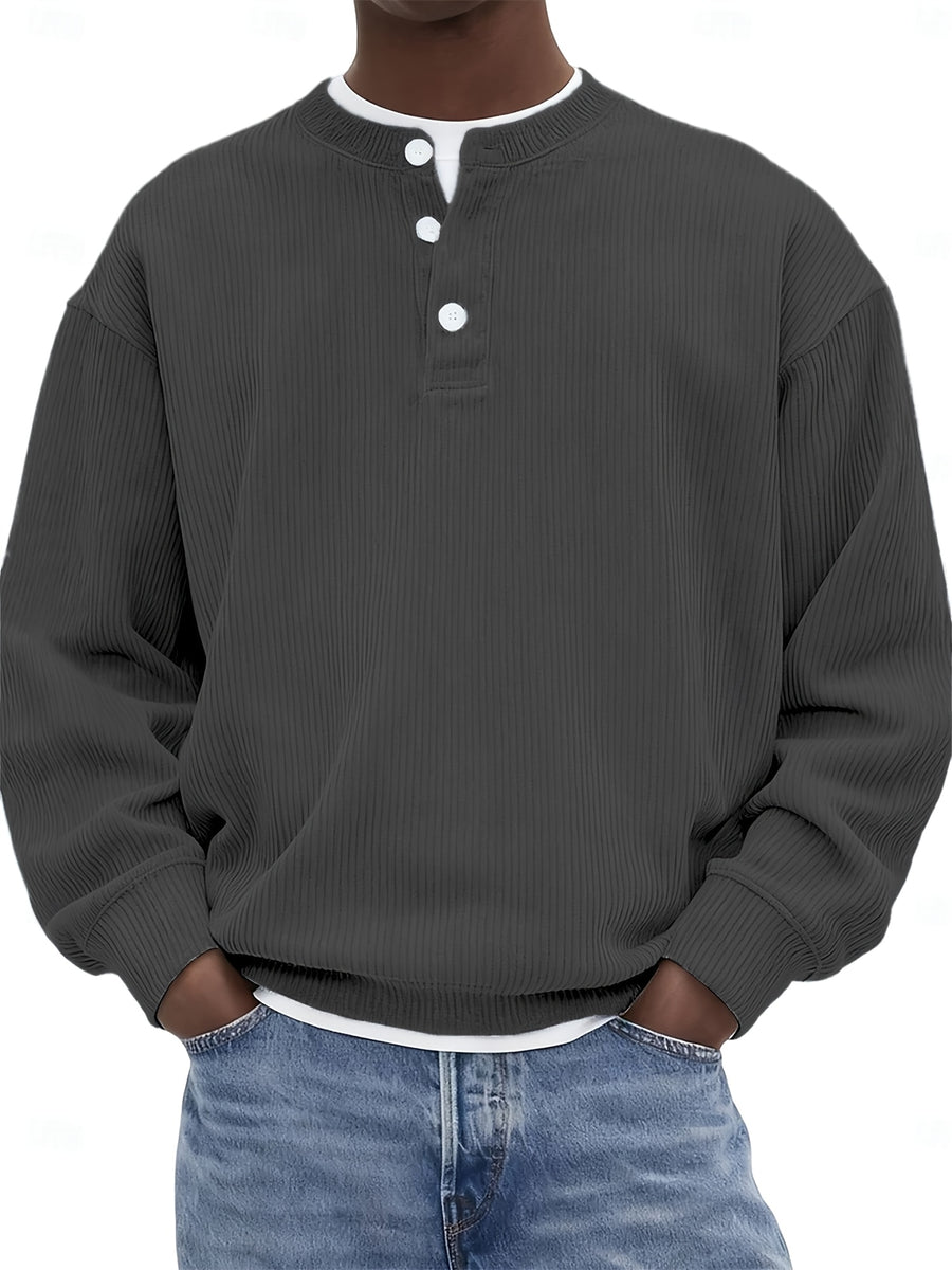 [Josh Mei Obm] Men'S Casual V-Neck Long Sleeve Loose Solid Color Henley Shirt, Welding Autumn'S Relaxed Feel Onto The Body, Lazy Daily Wear - Dark Gray