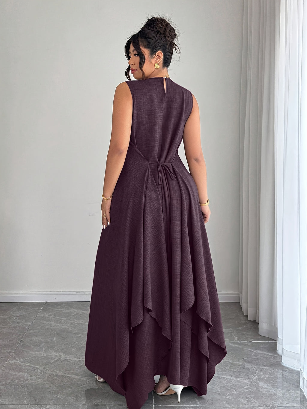 Women'S Elegant Vacation Casual Daily Outerwear Tie-Belt A-Line Asymmetrical Hem Dress - Fuchsia
