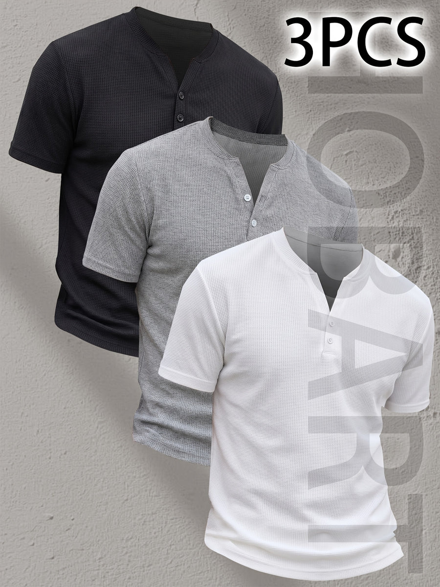 3pcs Men'S Henley Short Sleeve T-Shirts - Breathable Waffle Knit Summer Casual Tees with Button Front, Solid Color Round Neck, Machine Washable for Outdoor & Casual Wear, Stylish Button Detail, Lightweight Fabric, Easycare Material - Type 17
