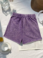 Western Trendy Hawaiian Letter Print Casual Distressed Women'S Shorts, Elastic Drawstring Waist Design, Versatile Home Wear, Lifestyle Fashion - Purple