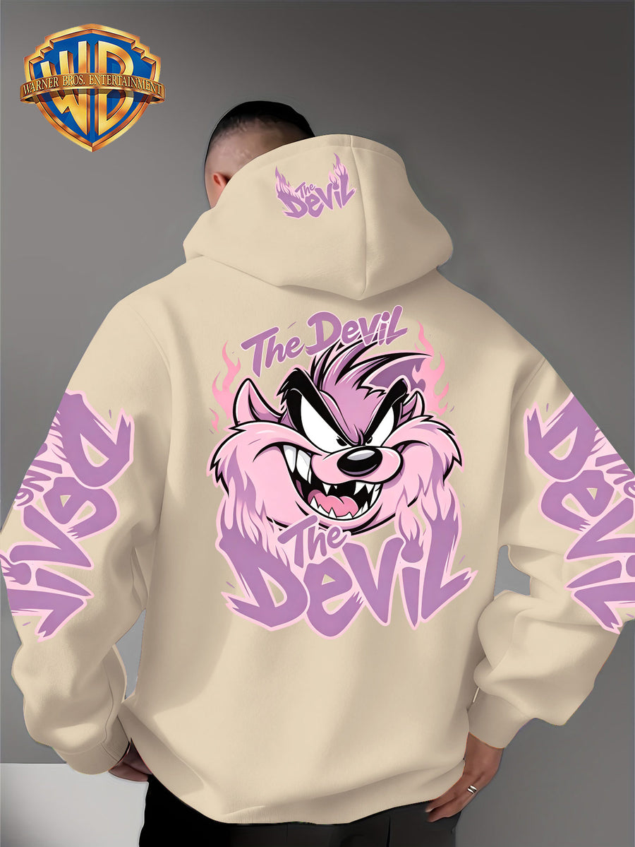 Le Yitong Tasmanian Devil Big Mouth Monster Print Hoodie, with Sleeve Print Design, Kangaroo Pouch And Drawstring Hood, Suitable for Autumn/Winter Casual Wear And Outdoor Activities - Apricot