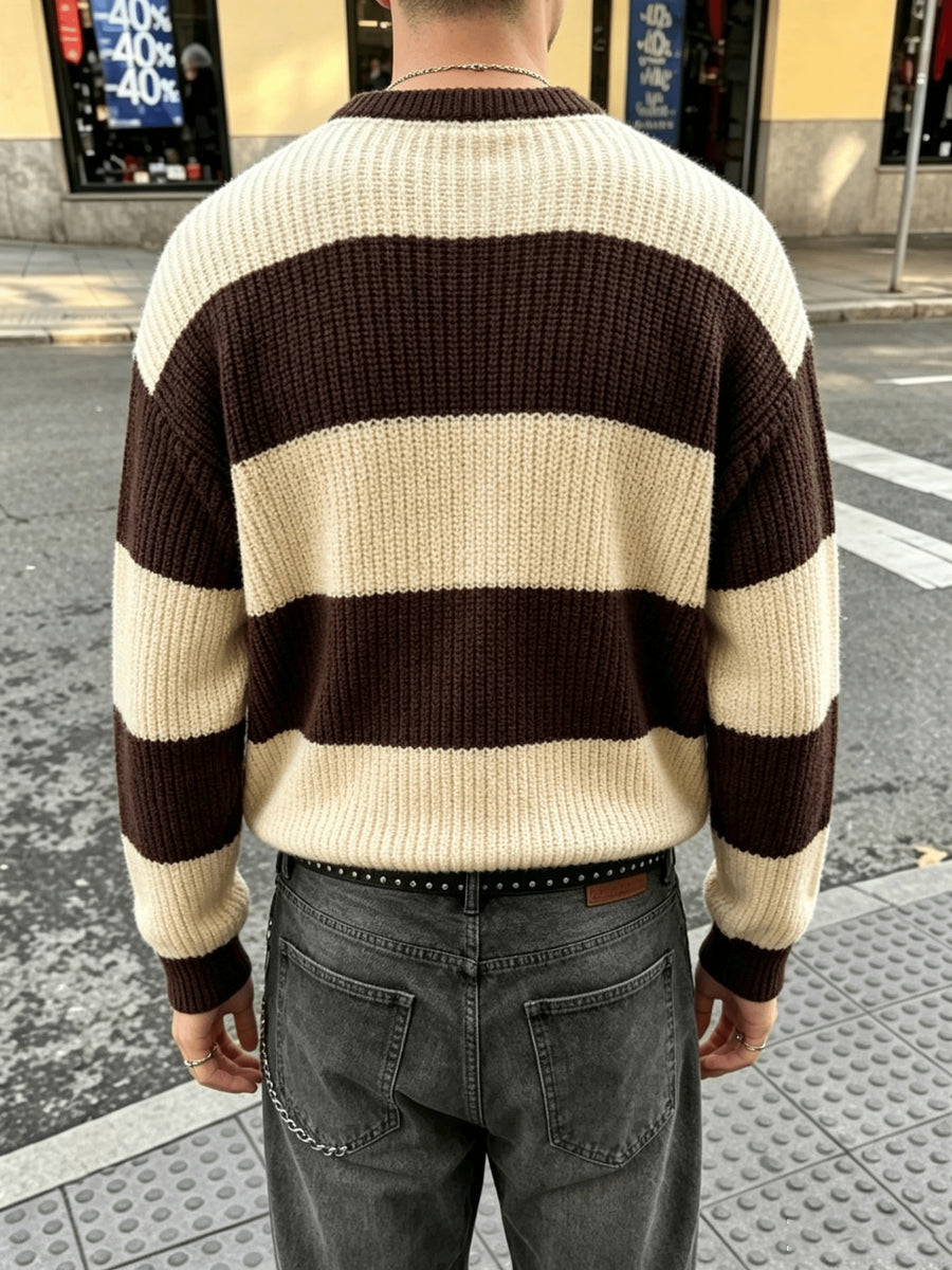 Men's Color-Block Striped Sweater - Lightweight Knit Oversized Pullover with Crewneck, Minimalist Streetwear Suitable for Back-to-School, Casual Winter Warmth, Solid Color Base & Striped Accent (No Transparency) - Apricot + Brown