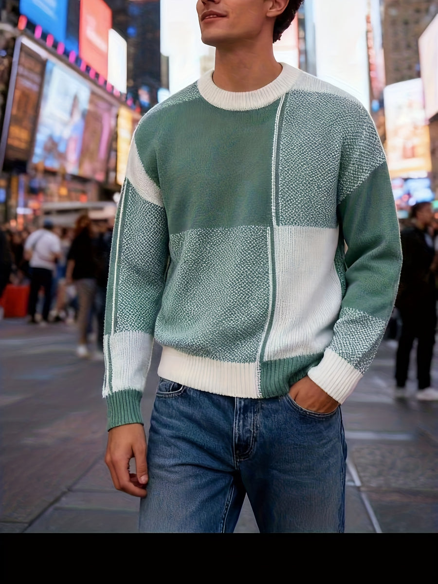 Men's Color-Block Sweater Fall Winter Warm Round Neck Sweater Suitable for Daily Wear & Layering, Color-Blocking with Ribbed Collar, Hand Washable Stretchable Sweaters for Office, Casual Outfits - Green