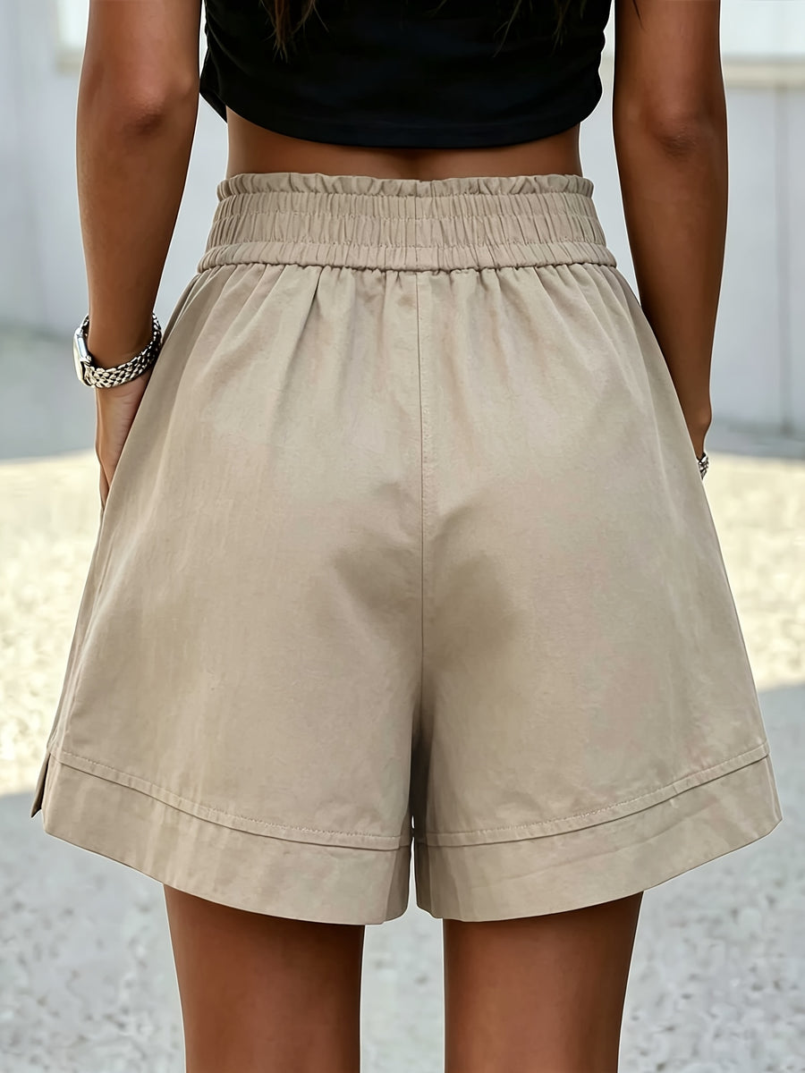 Women's Pure Shorts Featuring a High-waisted Elastic Design, a Loose Wide-leg Fit with Pockets, and a Solid Color; Perfect for Summer—loose and Breathable - Apricot