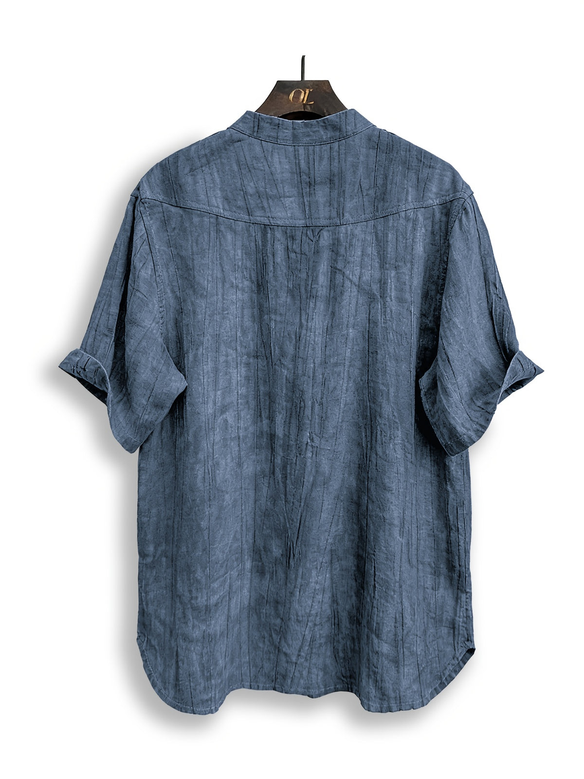Men'S Summer Casual Henley Shirt, Preppy Style Thin Stand-Up Collar Short Sleeve T-Shirt, Retro Crinkle Ramie Pullover Men'S Top - Blue