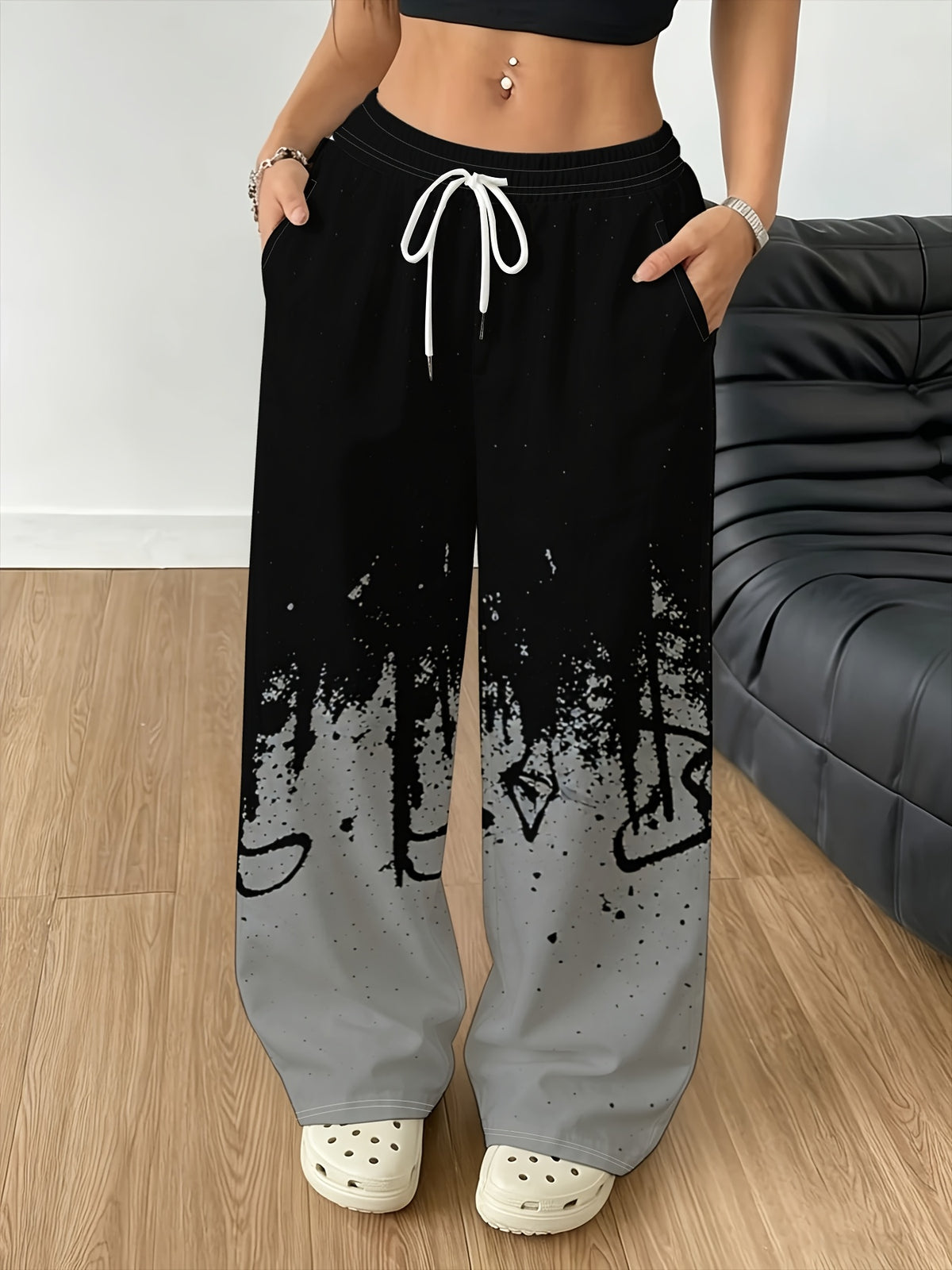Women's Minimalist Wide-Leg Trousers with Ink-Splatter Hand-Painted Print - Black & White Gradient Straight Leg Pants, Adjustable Drawstring Waist, Loose Fit for Casual, Office, | Machine Washable Suitable for Daily and Swear - Mixed colors