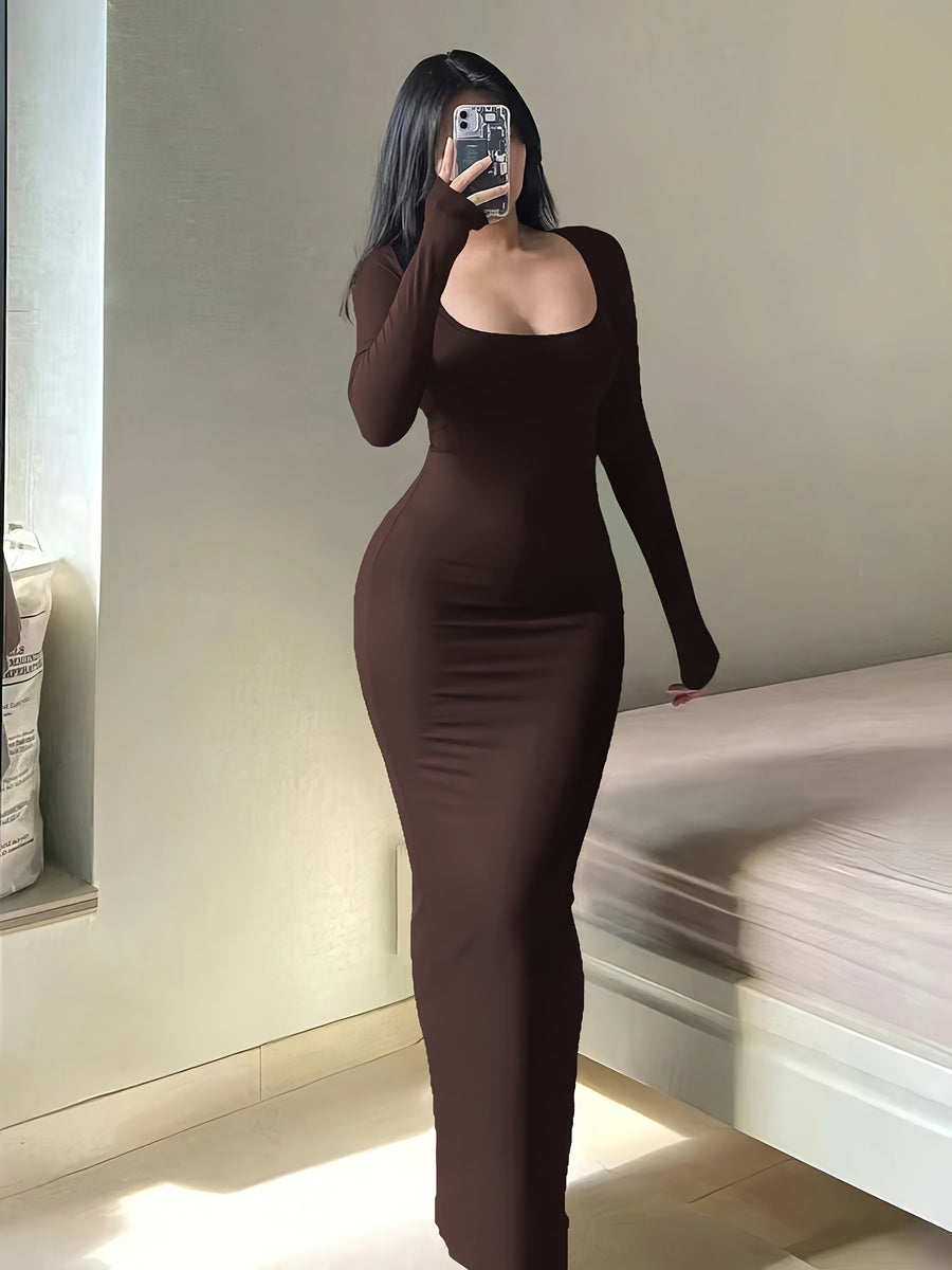 Tight Ultra-Long Women'S Autumn Long Sleeve Square Neck A-Line Sexy Bodycon Dress - Coffee Brown