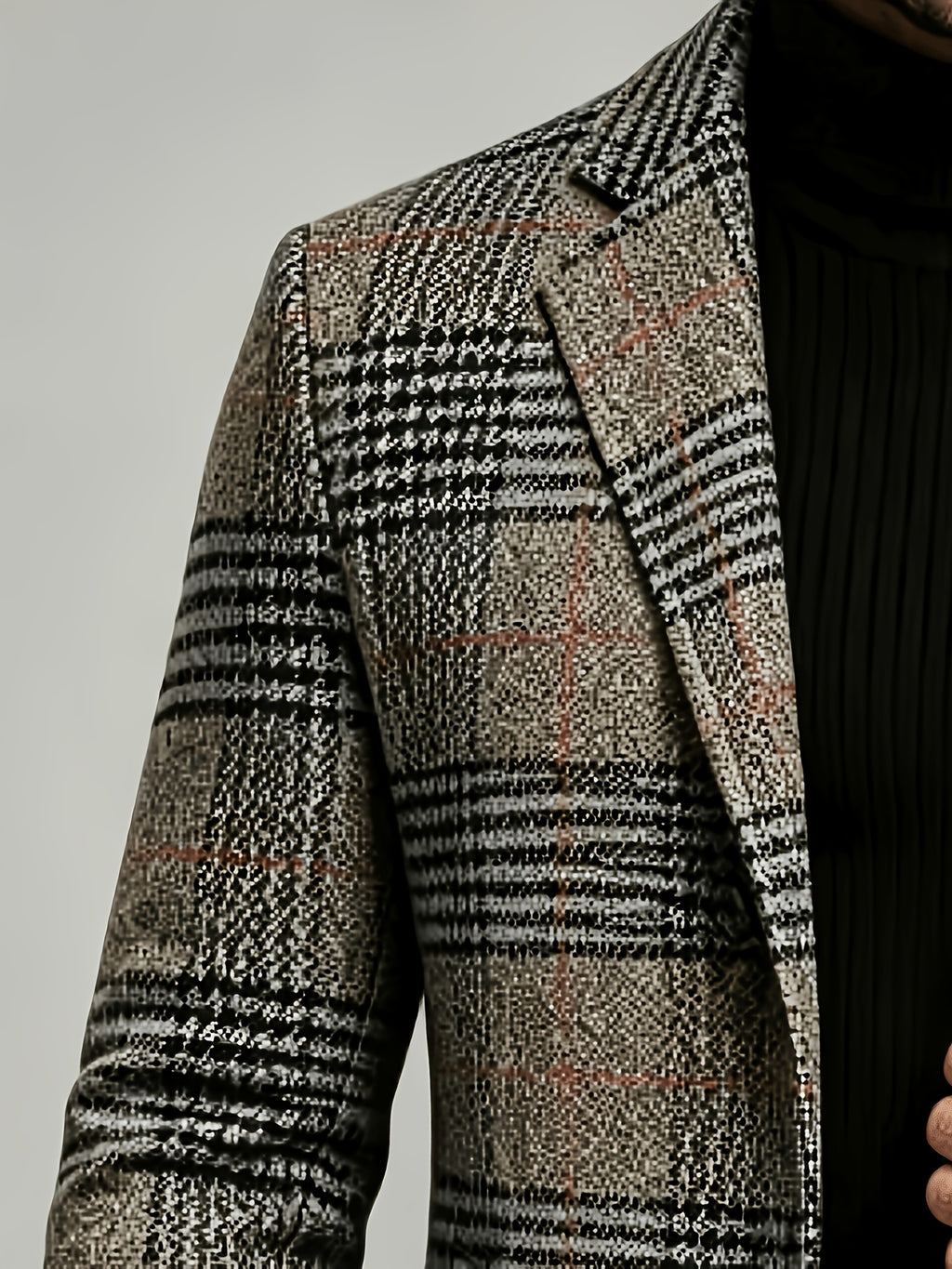 British Retro Check Men'S Overcoat Suit Lapel Single-Breasted Slim Fit Jacket Autumn Winter Casual Men'S Wear Polyester 90.7 Other 9.3 PP - Khaki