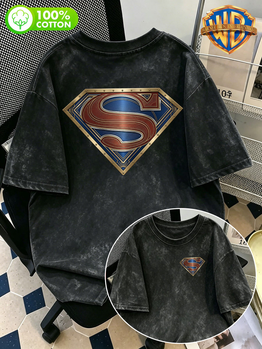 1pc, Men'S 100% Washed "DC Superman Theme Metal Badge Print Casual Short Sleeve T-Shirt" Casual Versatile Loose Summer Round Neck Short Sleeve, Double-Sided Print Front And Back - Suitable for Outdoor Sports, Gym, Daily Wear - Black