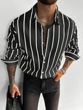 Men's Classic Black and White Striped Long-Sleeve Shirt, Textured Button-Up Shirt, Suitable for Casual and Office Commuting, All Seasons, Men's Gift - Black